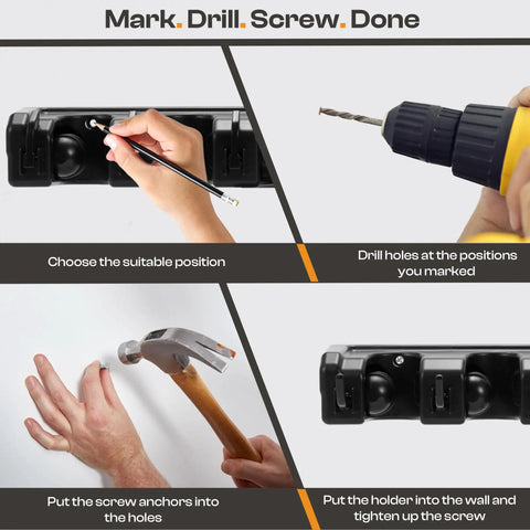 Installation guide for Heavy Duty ABS Plastic Broom Holder With Five Auto Adjustable Slots And Six Retractable Hooks Wall Mount Mop And Broom Hanger Waterproof Garage Tool Organizer With Screws.