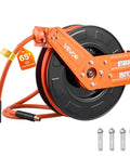 Heavy Duty Retractable Air Hose Reel Winds Sixty Five Feet Of One Half Inch Rubber Tubing Featuring Auto Rewind and Wall Mount Hardware.