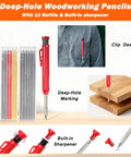 Deep-Hole Woodworking Pencils with 12 Refills & Built-in sharpener for precise marking on wood surfaces.
