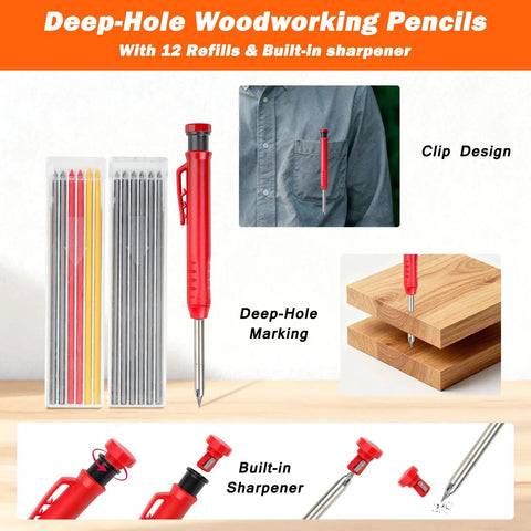 Deep-Hole Woodworking Pencils with 12 Refills & Built-in sharpener for precise marking on wood surfaces.