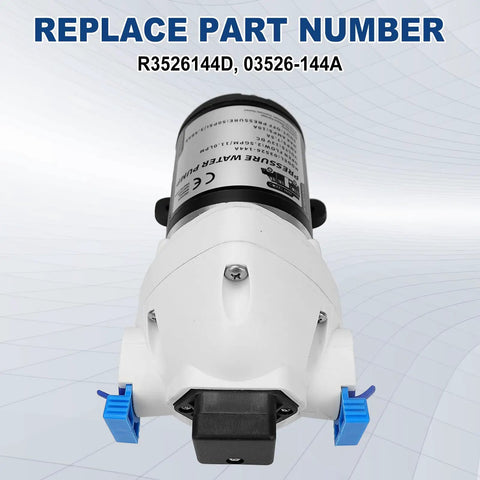 Upgraded RV Water Pump 3 GPM 12V DC 50 PSI Triplex Diaphragm Pump front view with connectors and pressure switch visible