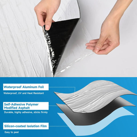 No Hassle Easy Peel And Stick Asphalt Roofing Roll With Reflective Foil Backing For Heavy Duty Waterproof Leak Patch And Summer Heat Deflector 39 By 16 Feet, showing peel back of reflective foil.1