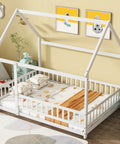 Floor Bed With Roof Frame And Safety Guardrails In White Rubber Wood for playful kids rooms, durable open access loft design