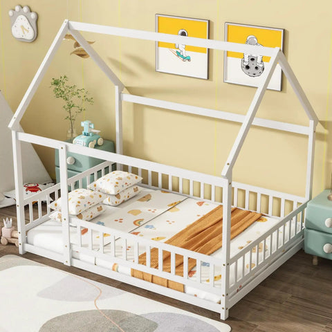 Floor Bed With Roof Frame And Safety Guardrails In White Rubber Wood for playful kids rooms, durable open access loft design