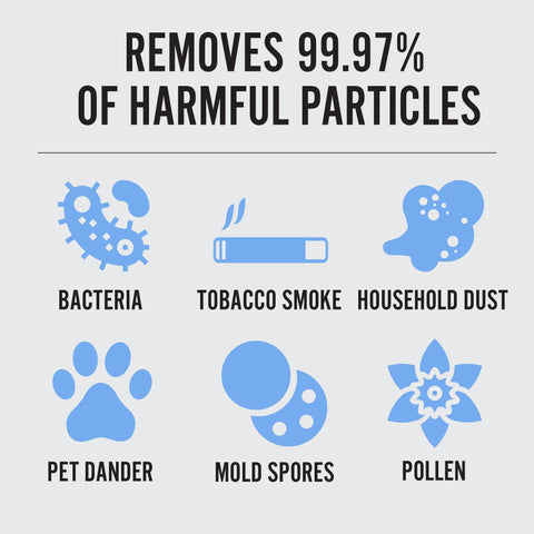 Infographic showing Powerful 1000 CFM Portable HEPA Air Scrubber removes bacteria, smoke, dust, dander, mold, pollen