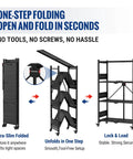 4-Tier Folding Metal Storage Rack With Wheels No-Assembly Heavy Duty Shelving Unit 600 Lb Capacity Collapsible and Mobile Organizer for Kitchen Pantry Bathroom and Closet Easy Setup, folded and open views