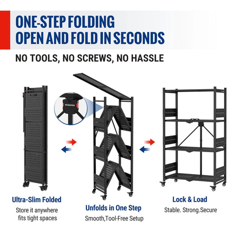 4-Tier Folding Metal Storage Rack With Wheels No-Assembly Heavy Duty Shelving Unit 600 Lb Capacity Collapsible and Mobile Organizer for Kitchen Pantry Bathroom and Closet Easy Setup, folded and open views