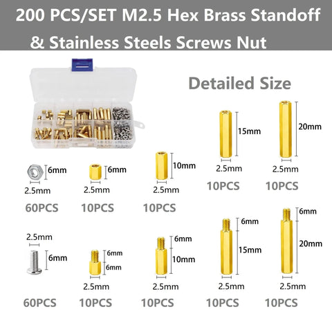 Heavy Duty M2.5 Brass Hex Standoffs And Stainless Steel Screws With Slick Storage Box Pro Grade Hardware Kit For PCB Motherboard Repair with detailed sizes.