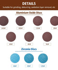 Variety of aluminium oxide and zirconia discs in different grits, suitable for grinding and oxidation removal.