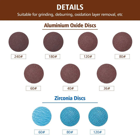 Variety of aluminium oxide and zirconia discs in different grits, suitable for grinding and oxidation removal.