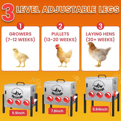 Built Tough 10 Gallon Metal Automatic Chicken Feeder With Eight Wide Ports And A Clear Acrylic Sight Window for different growth stages