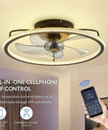 20 Inch Low Profile Ceiling Fan With Lights And Remote Dope Black Finish showing app control feature in bedroom