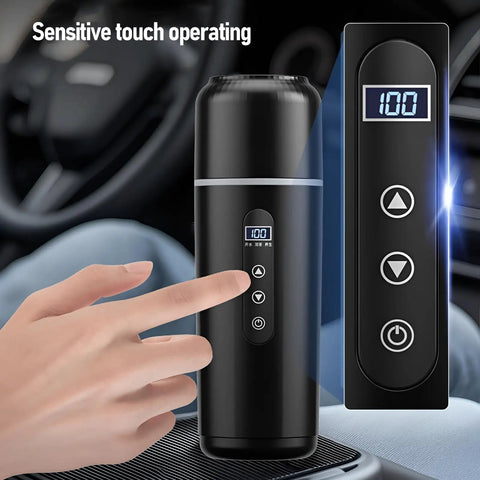 Road Warrior Approved Fast Boiling Electric Kettle For Cars And Trucks Featuring Food Grade 304 Stainless Steel with digital display and touch controls.