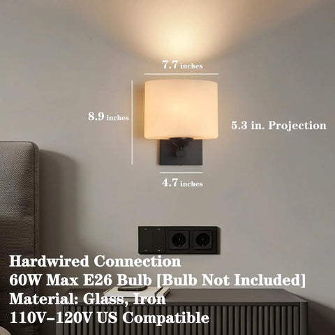 Modern Black Milk Glass Wall Sconces, 1 Pack Hardwired Wall Light Fixtures mounted on wall with measurements shown.