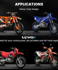 Assortment of dirt pit bikes displayed, showcasing heavy-duty design suitable for Adjustable Dirt Bike Stand And Motorcycle Lift Jack 1000 Lb Capacity Hydraulic Lift With Pedal Heavy Duty Built Tough For Garage Dirt Pit Bike Maintenance And Repair Stand applications.