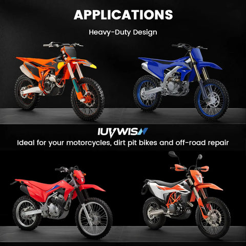 Assortment of dirt pit bikes displayed, showcasing heavy-duty design suitable for Adjustable Dirt Bike Stand And Motorcycle Lift Jack 1000 Lb Capacity Hydraulic Lift With Pedal Heavy Duty Built Tough For Garage Dirt Pit Bike Maintenance And Repair Stand applications.