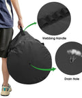 Person holding Extra Large Mesh Ball Bag For Soccer, Basketball, Volleyball, Football And More, Giant Capacity Gear Bag With Heavy Duty Zipper Pocket, Holds 12 Basketballs, 14 Soccer Balls, 15 Volleyballs, 15 Footballs, Black showing webbing handle and drain hole