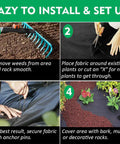 Pro Weed Barrier Landscape Fabric Ground Cover being installed in garden with rake, cutting, fabric securing, and decorative covering.