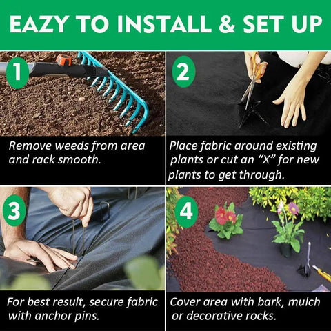 Pro Weed Barrier Landscape Fabric Ground Cover being installed in garden with rake, cutting, fabric securing, and decorative covering.
