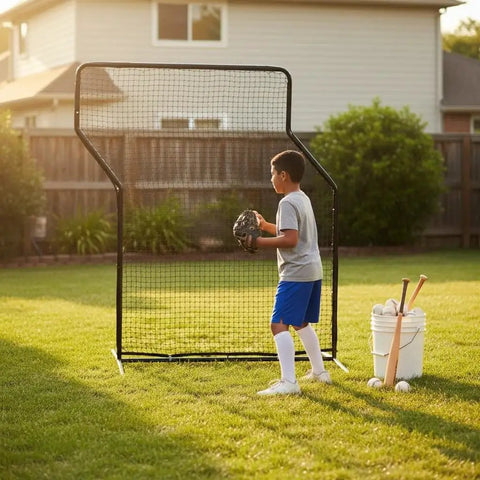 Child practicing with Baseball Z Screen Heavy Duty 7x5ft Portable Pitching Screen For Batting Cages Fields And Backyards