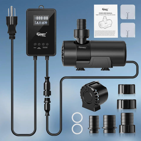Workhorse Amphibious Water Pump With Controller, 15W To 100W Adjustable Flow Up To 3430GPH, shown with accessories