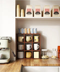 Sleek 9 Grid Wall Mounted Coffee Mug Display Rack, Solid Wooden Curio Shadow Box Shelf Serving Up Big Retro Vibes, Legit Sturdy Cup Organizer For Your Kitchen Bar with colorful mugs.