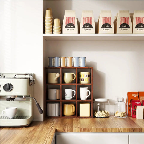 Sleek 9 Grid Wall Mounted Coffee Mug Display Rack, Solid Wooden Curio Shadow Box Shelf Serving Up Big Retro Vibes, Legit Sturdy Cup Organizer For Your Kitchen Bar with colorful mugs.