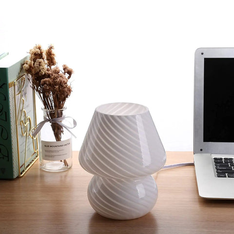 Mushroom Glass Table Lamp With White Stripe on desk, Vintage Murano Inspired Night Light, ambient warm white LED, cozy decor.