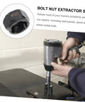 10-Piece Broken Nut Remover Set And Bolt Extractor Tools in use on metal panel with heavy-duty precision steel socket