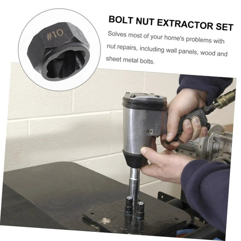 10-Piece Broken Nut Remover Set And Bolt Extractor Tools in use on metal panel with heavy-duty precision steel socket