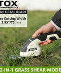 Person using Cordless 2 In 1 Grass Shear And Hedge Trimmer, Lightweight Handheld Yard Tool with a beast of a motor, white.