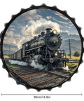 Vintage Steam Locomotive Wall Art Tin Sign featuring a classic train on tracks, 11.8 inches, ideal for home decor with retro vibe.