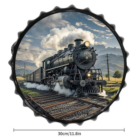 Vintage Steam Locomotive Wall Art Tin Sign featuring a classic train on tracks, 11.8 inches, ideal for home decor with retro vibe.