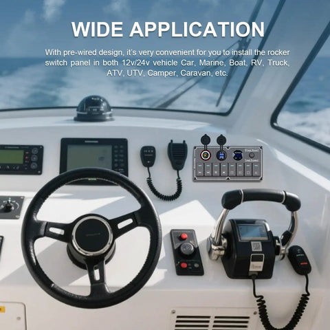 Beefy Aluminum 8 Gang Rocker Switch Panel For Marine Use With Dual USB Ports And Voltmeter installed on a boat dashboard