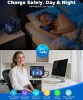 6 Port USB Charging Station Organizer for Multiple Devices with 6 Cables on desk and bedside, showing day and night use.