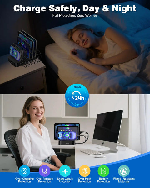 6 Port USB Charging Station Organizer for Multiple Devices with 6 Cables on desk and bedside, showing day and night use.