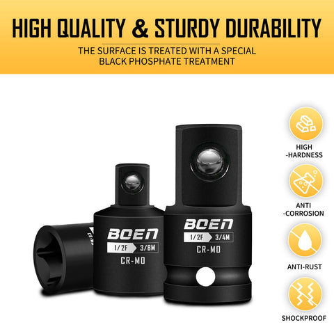 Impact Socket Adapter And Reducer Kit For SAE Sizes One Quarter Inch Three Eighths Inch And One Half Inch Five Piece CRMO Steel