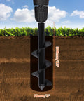 Heavy Duty Garden Auger Drill Bit Three Inch By Twelve Inch For Planting Bulb Planter Tool With Three Eighths Inch Hex Drive Digs Post Holes In Loose Or Hard Soil Rust Resistant Alloy Steel For Rapid Planting shown drilling into soil