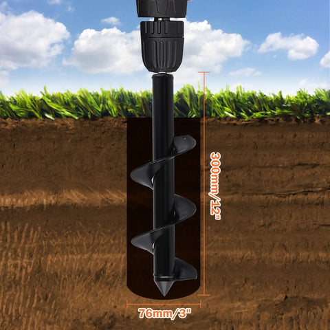 Heavy Duty Garden Auger Drill Bit Three Inch By Twelve Inch For Planting Bulb Planter Tool With Three Eighths Inch Hex Drive Digs Post Holes In Loose Or Hard Soil Rust Resistant Alloy Steel For Rapid Planting shown drilling into soil