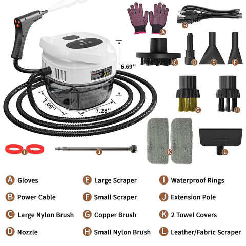 Beast 2500W High Temperature Steam Cleaner With One Point Seven Liter Tank And Handle Controlled Output accessories layout