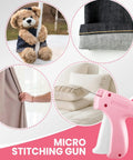 Stitch Gun For Clothes And Tagging Gun Handheld Portable Grab And Go Quick Clothing Fixer for hemming and repairs with pink accessory.