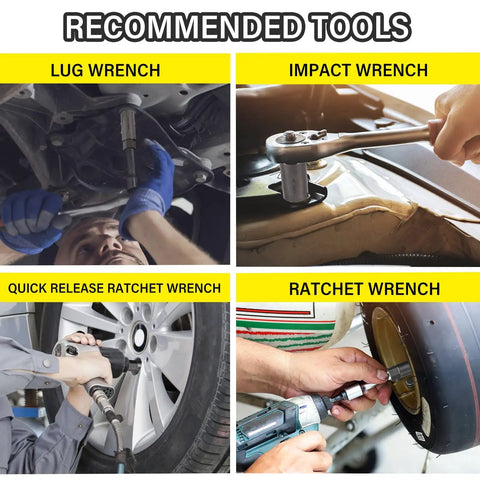 Collage of four recommended tools: lug wrench, impact wrench, quick release ratchet wrench, and ratchet wrench in use.