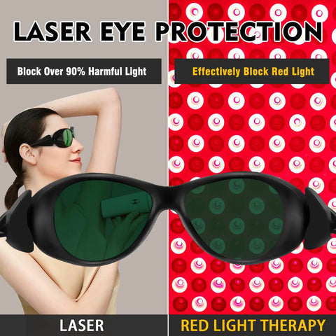 Tough As Nails Laser Safety Glasses For IPL Hair Removal With Broad Spectrum Protection and OD 4 Plus rating worn by woman, blocking harmful light.