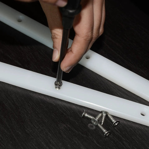Installing screws on Crosscut Sled For Table Saw With UHMW Plastic Surface Built Tough Three Quarters Inch By Three Eighths Inch By Seventeen Inch Includes Predrilled Holes And Screws Ideal For U Tracks Miter Slots Router Tables And Bandsaws Four Bar Set