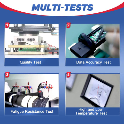 Multi-tests of mass air flow sensor including quality, data accuracy, fatigue resistance, and temperature tests