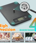 Smart Food Scale With Nutritional Calculator showing high precision, grams display, and usage for baking, pets care, DIY projects.