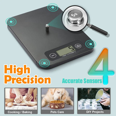 Smart Food Scale With Nutritional Calculator showing high precision, grams display, and usage for baking, pets care, DIY projects.
