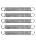 Five stainless steel extension springs, 6-inch length, 2mm wire, circular end loops, front view