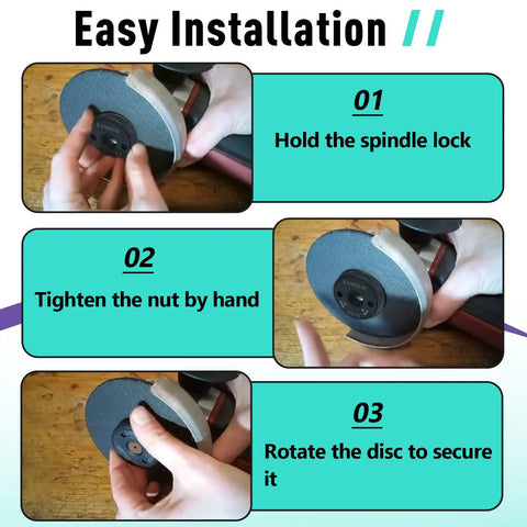 Easy installation steps for 5/8-11 Angle Grinder Flange Nut Set with Heavy-Duty Self-Locking D-Ring.