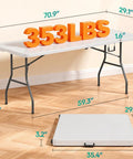 Six Foot Folding Table For Indoor And Outdoor Use Portable Picnic Party Table With Carrying Handle Fold In Half Design Lightweight White Plastic Perfect For Parties BBQs Weddings Camping And More with 353 lbs weight capacity shown open and folded
